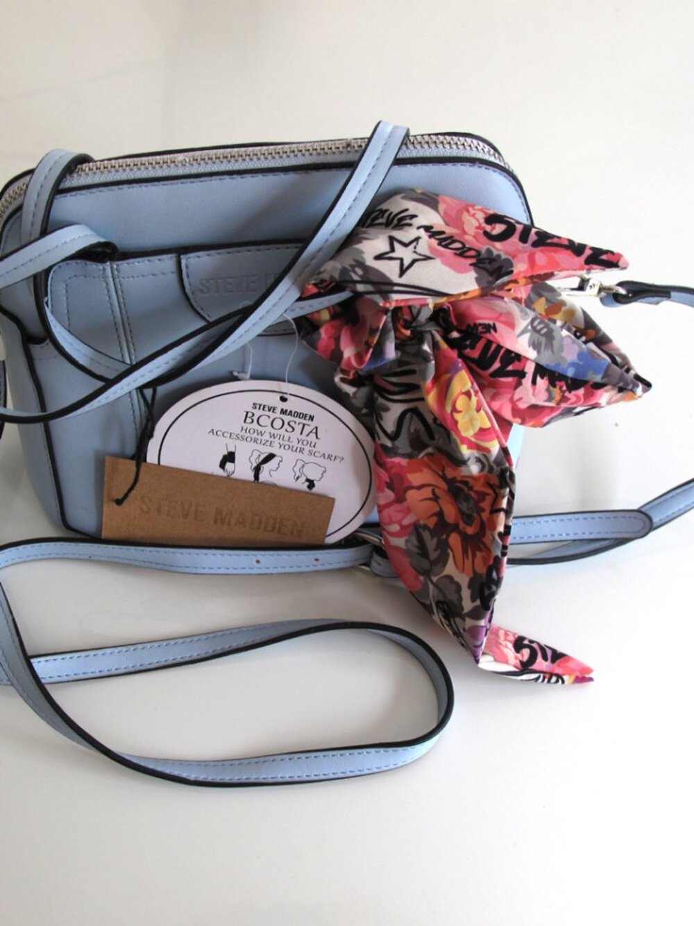 STEVE MADDEN Bcosta Light blue SATCHEL BAG with SCARF Handbag & Shoulder Bag